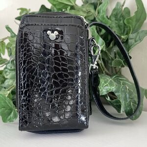 Disney Tech Black Mickey Mouse Wristlet Wallet Patent Leather Animal Print